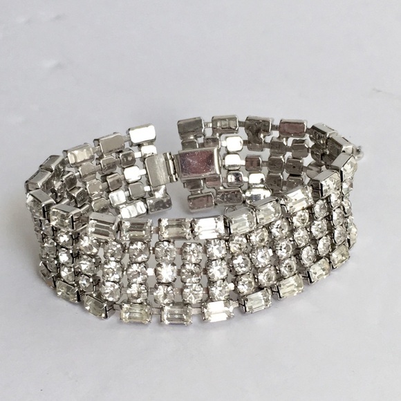 Vintage Rhinestone Bracelet Wide Runway Piece Festive Holiday Cocktail Party - Picture 6 of 9
